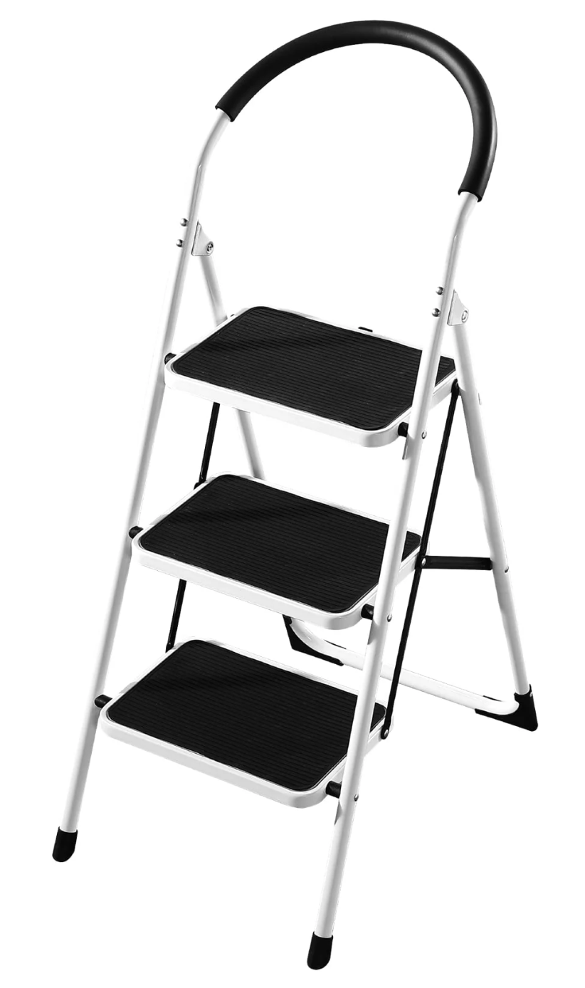 Step ladder with three black steps on a white background