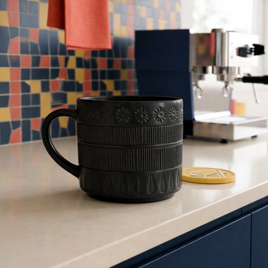 Embossed Ceramic Coffee Mug – Textured Pattern Large – Black & White