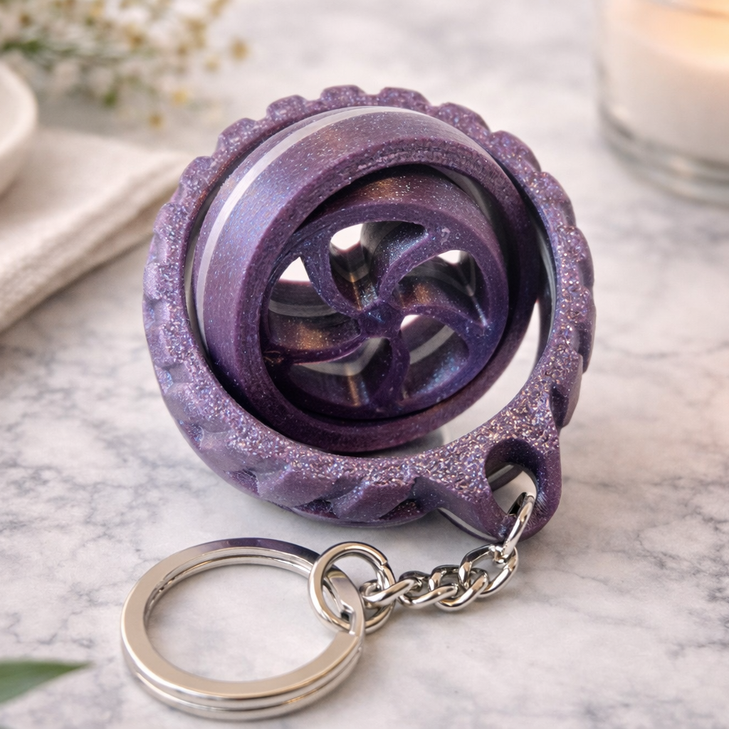 Purple decorative item with a keychain on a marble surface
