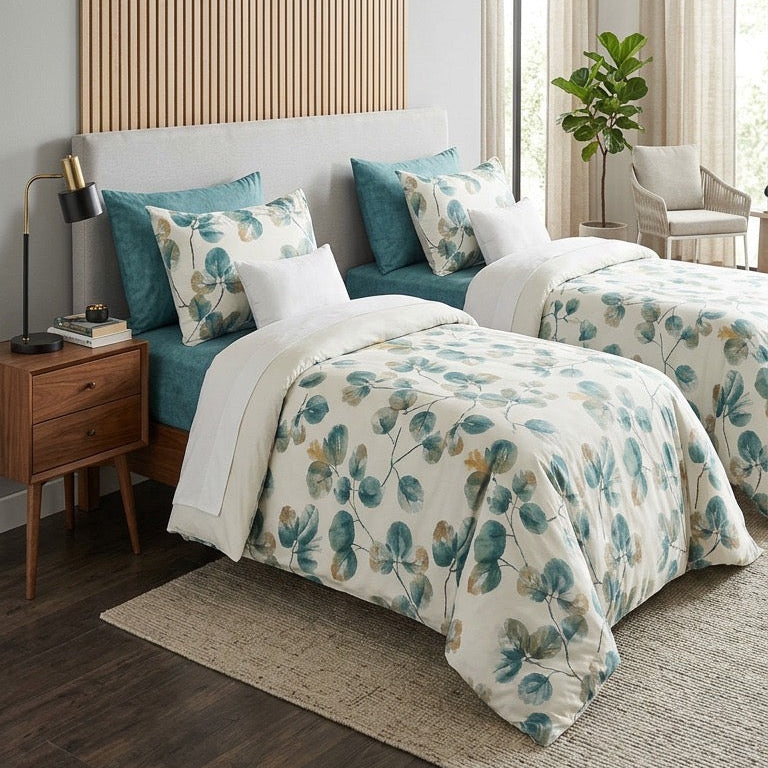 Modern bedroom with floral bedding and wooden headboard