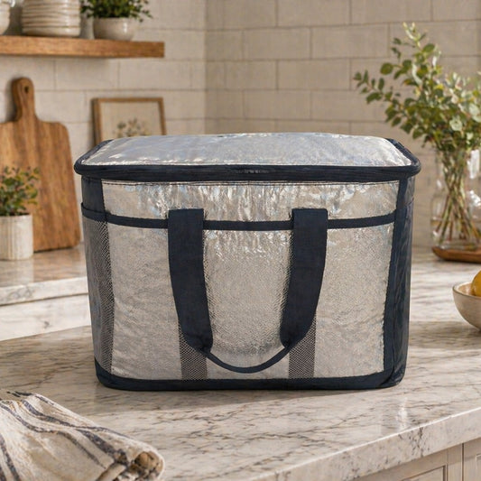 Gray storage bin with black handles on a kitchen counter