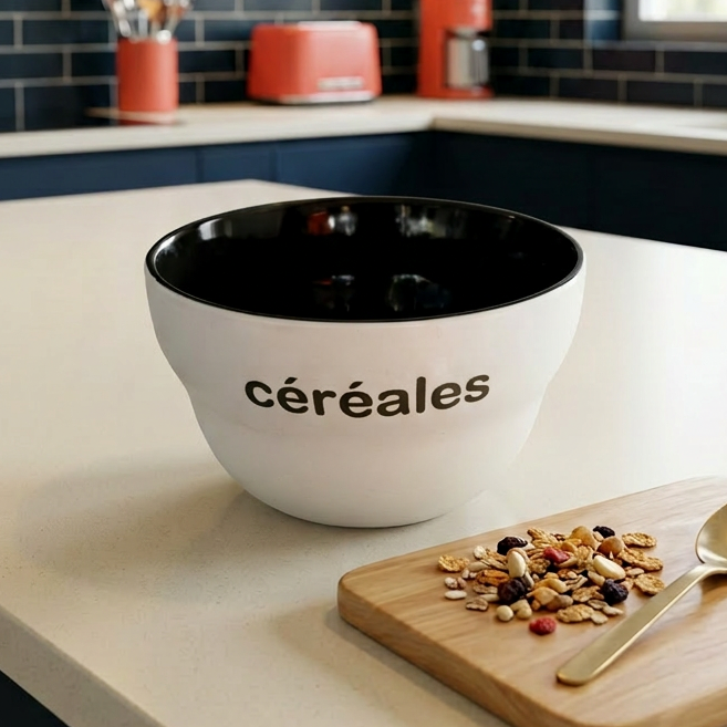 Cereal bowl labeled 'Céréales' on a kitchen counter with a spoon and cereal.