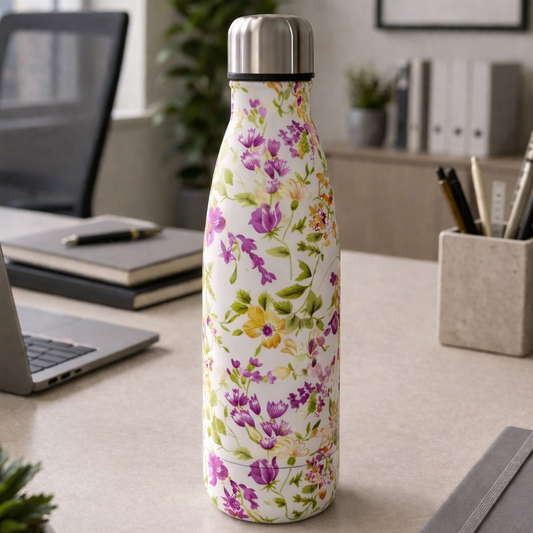 Floral-patterned water bottle on a desk in an office setting
