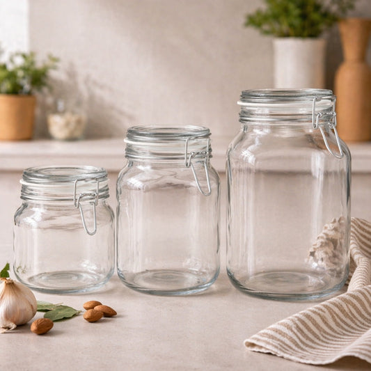 Three glass jars with metal clamps on a kitchen counter with garlic and nuts.