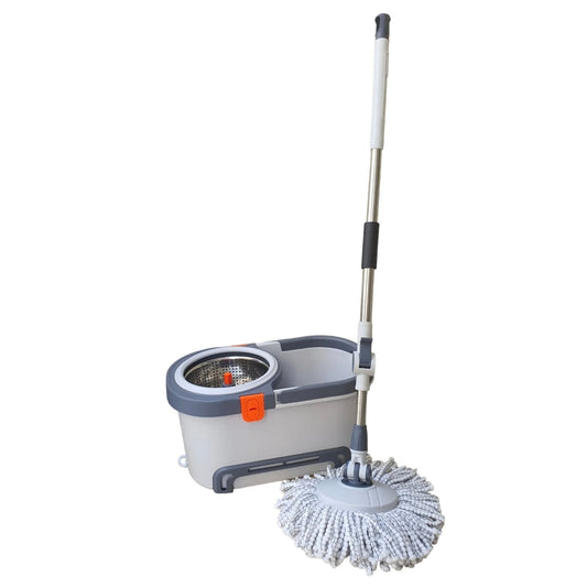 A cordless twist-mop cleaning set featuring a gray and white plastic bucket with a wringer, a long silver extendable handle, and a white microfiber round mop head, shown on a plain white background.