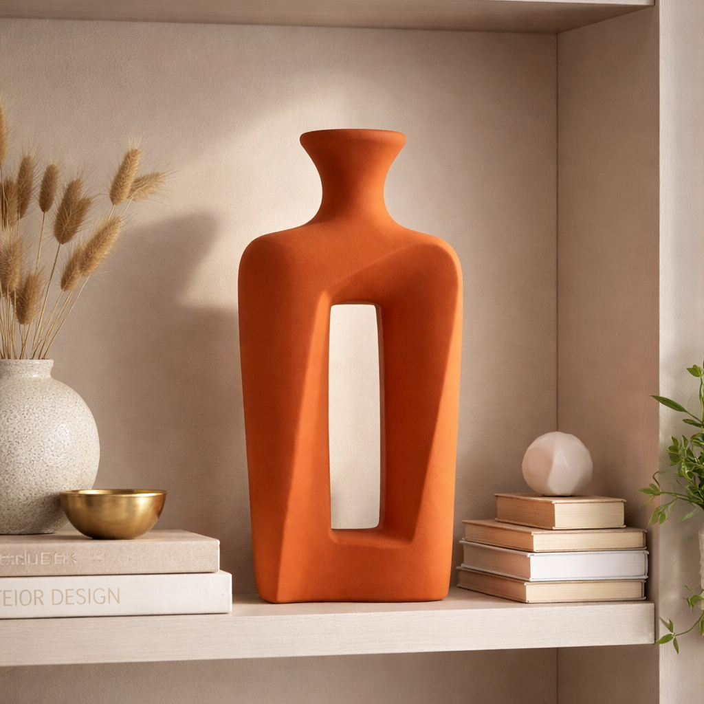 Orange vase on a shelf with books and decorative items