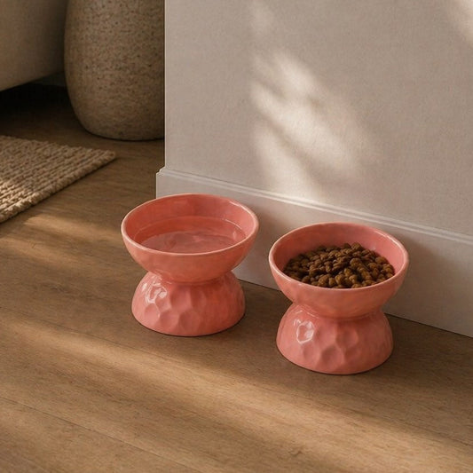 Set of 2 – Elevated Pet Bowls – Ceramic Blue/Blush Pink