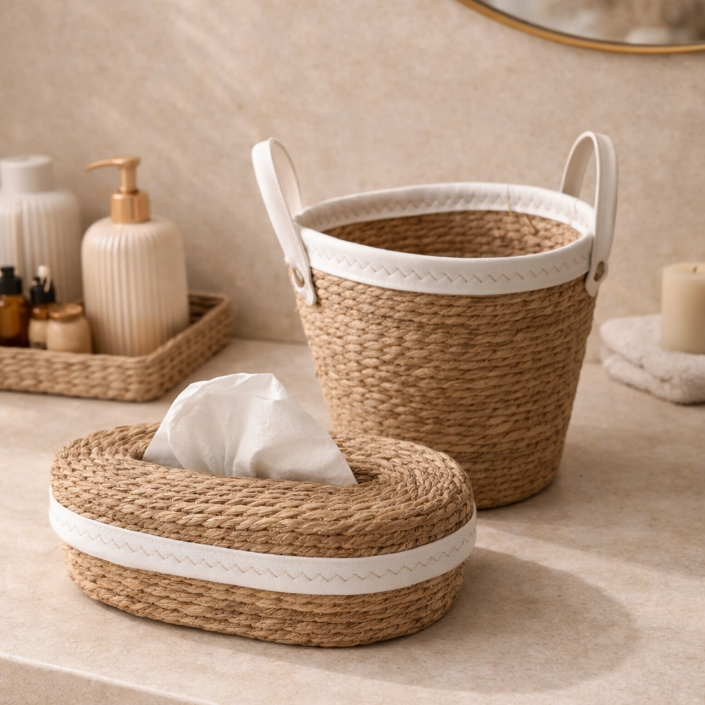 Woven baskets with white ribbons on a bathroom counter