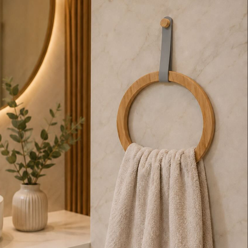 Bamboo & Leather Towel Ring Holder – Minimalist Wall Mounted Bathroom Towel Holder