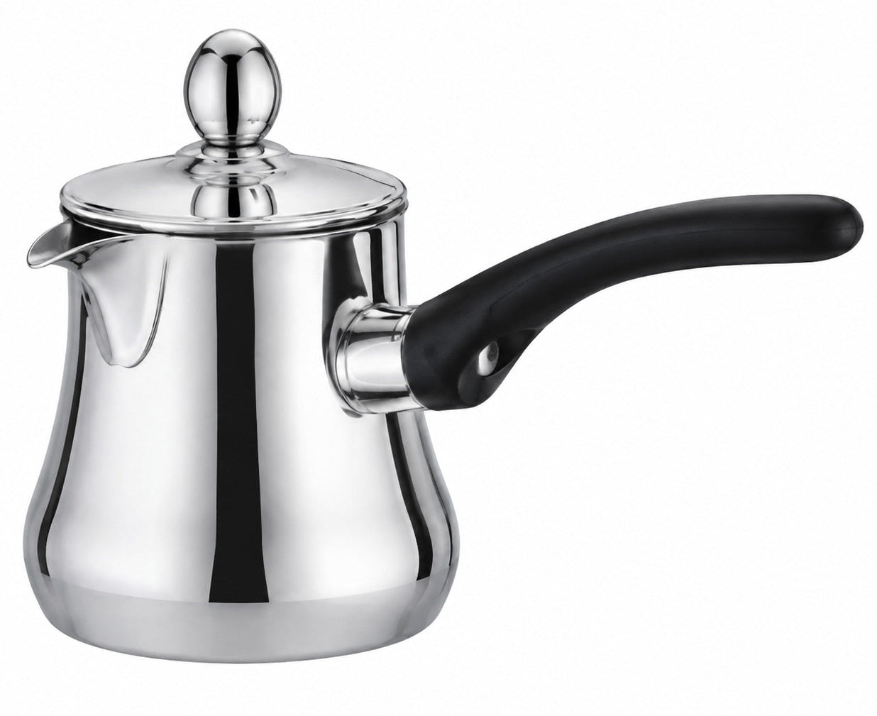 A stainless steel Turkish coffee pot with a black handle and lid knob, shown on a plain white background.