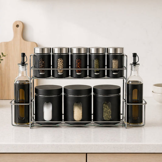 11 pcs Kitchen Spice Rack Set with Oil Bottles – Matte Black Organizer