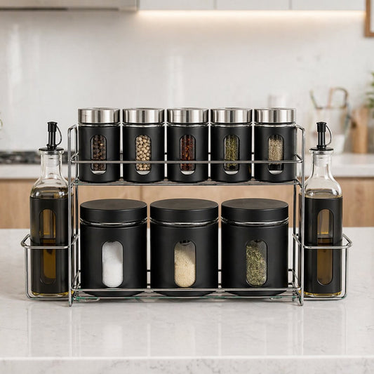 11 pcs Kitchen Spice Rack Set with Oil Bottles – Matte Black Organizer