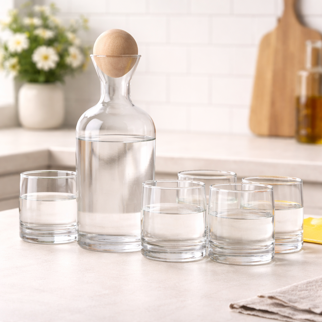 Minimalist Glass Decanter Set with Stopper – 7 Piece Set