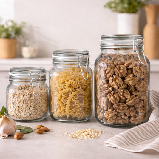 Three glass jars with different types of grains on a light surface.