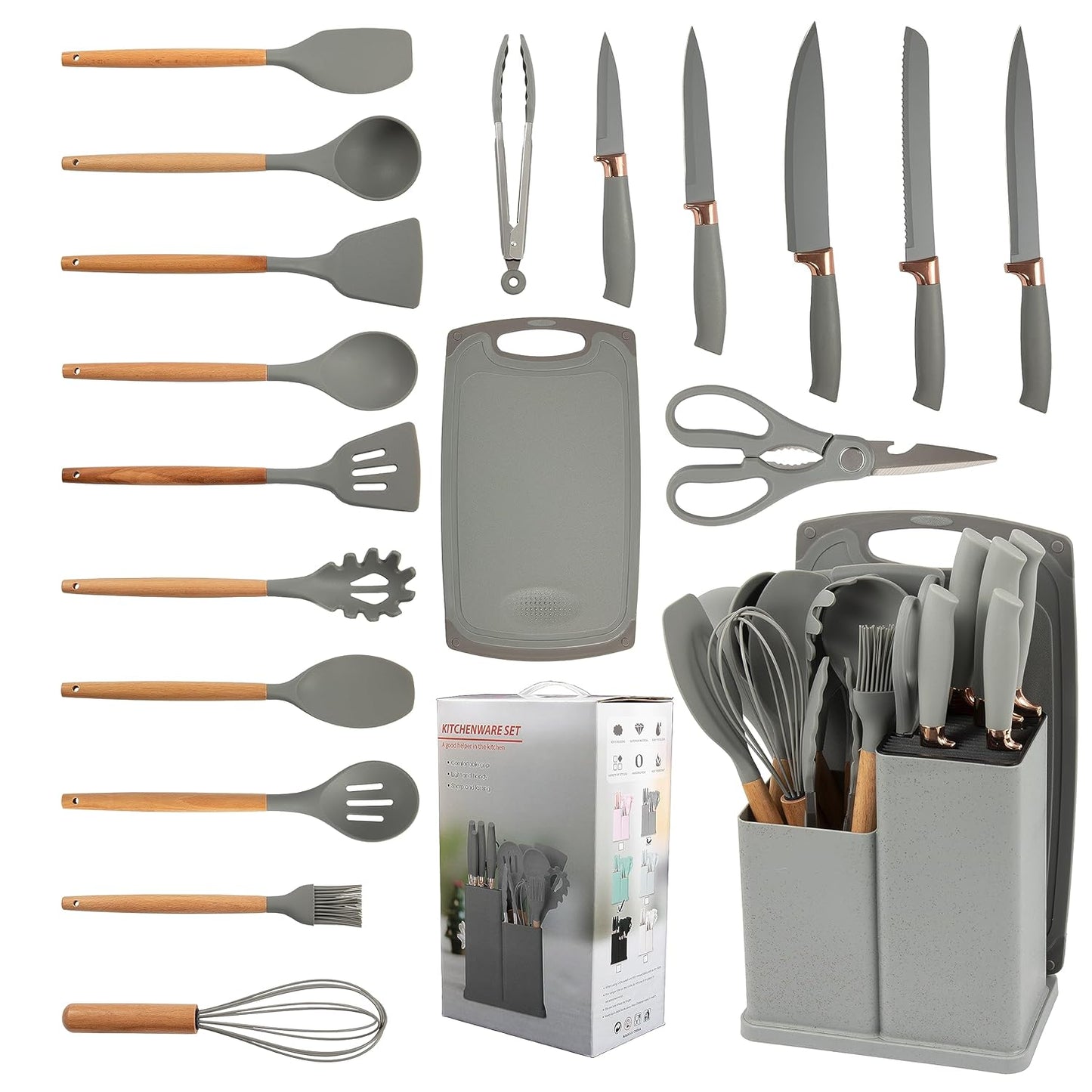 19-in-1 | Kitchen Utensil Set Made with Premium Silicone and Wood - Gray