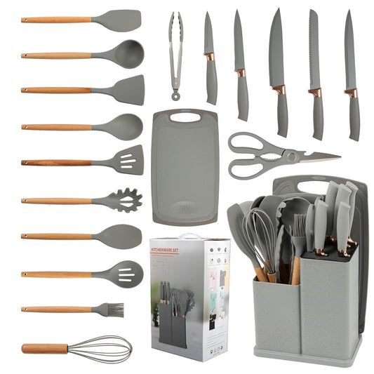 19-in-1 | Kitchen Utensil Set Made with Premium Silicone and Wood - Gray