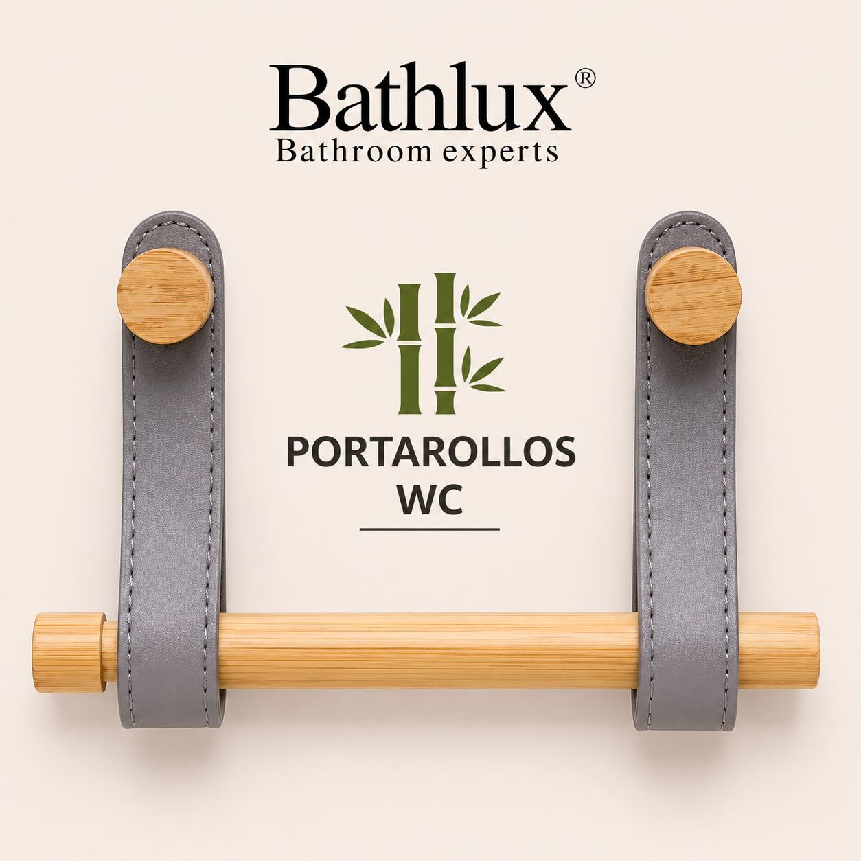 Bathlux bamboo and gray leather Porta Rollos WC wall hooks, featuring two gray leather straps with light wood circular end caps and a natural bamboo rod, shown against a light beige background with product branding text.