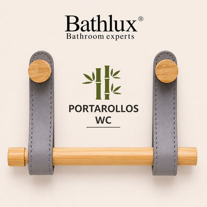 Bathlux bamboo and gray leather Porta Rollos WC wall hooks, featuring two gray leather straps with light wood circular end caps and a natural bamboo rod, shown against a light beige background with product branding text.