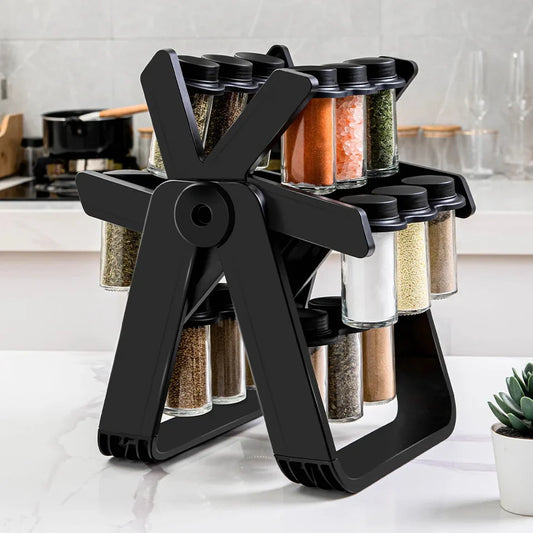 18-Jar Spinning Spice Rack – Sleek Black Matte Organizer with Custom Labels
