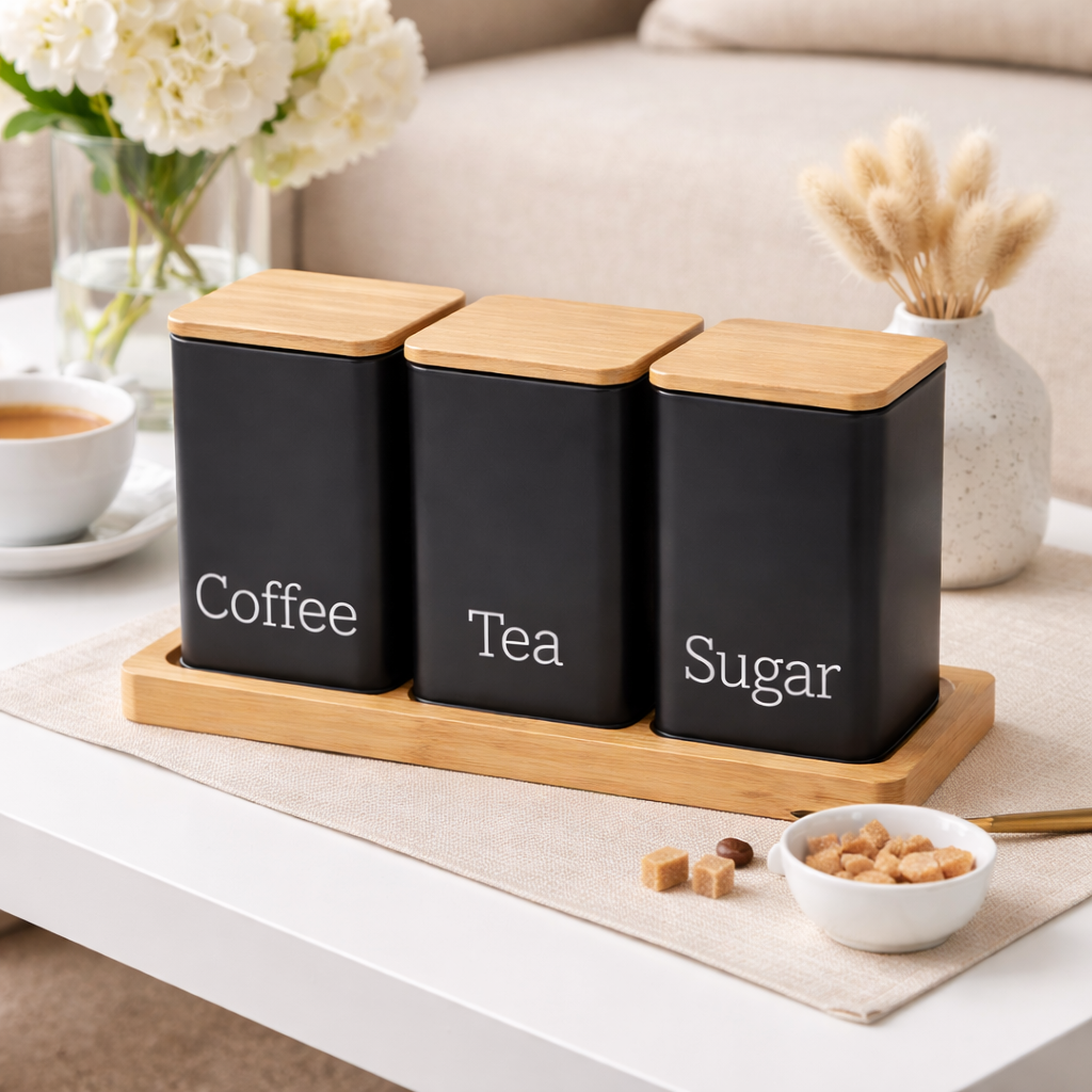 Kitchen Countertop Canister Set with Tray (3 Pieces)