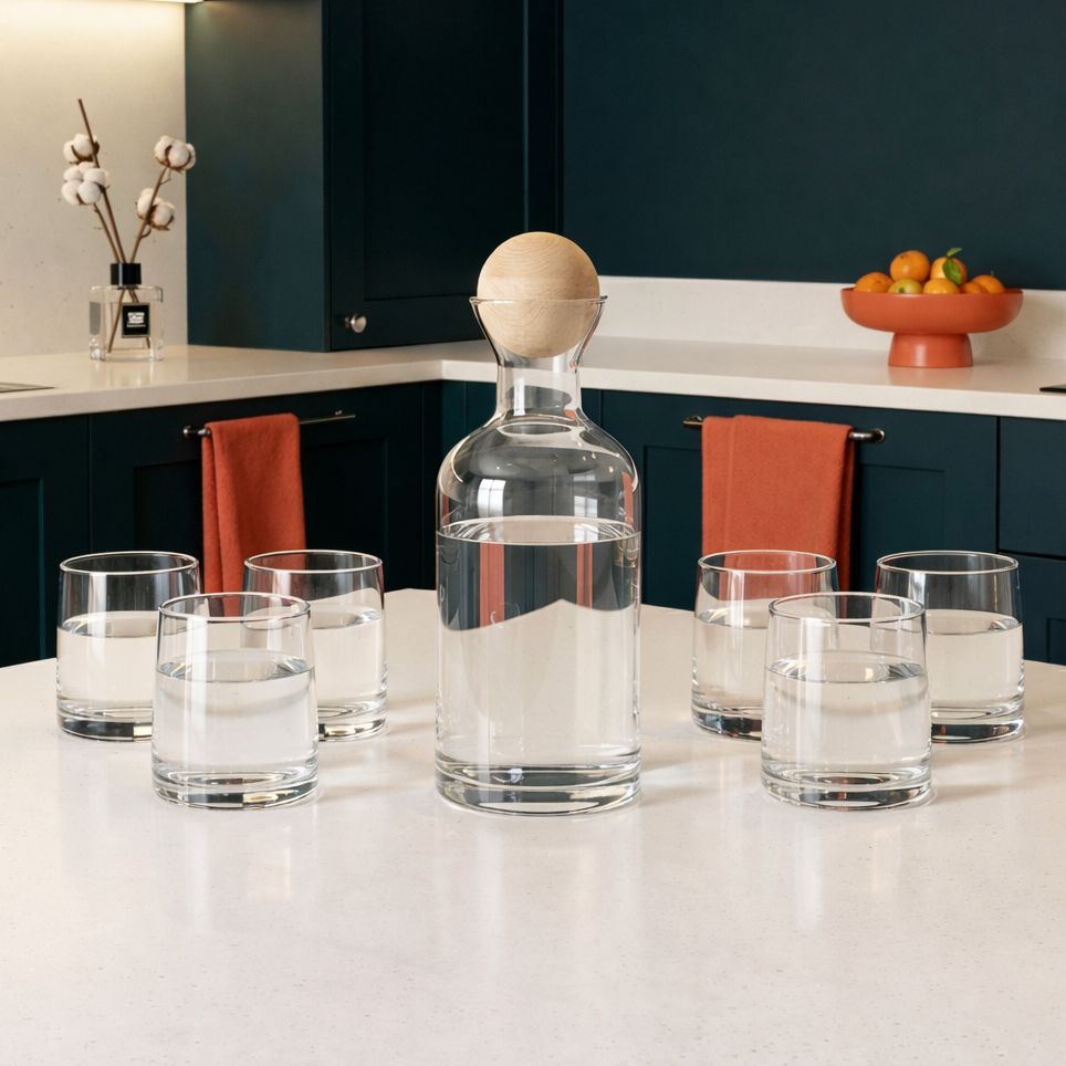 Minimalist Glass Decanter Set with Stopper – 7 Piece Set