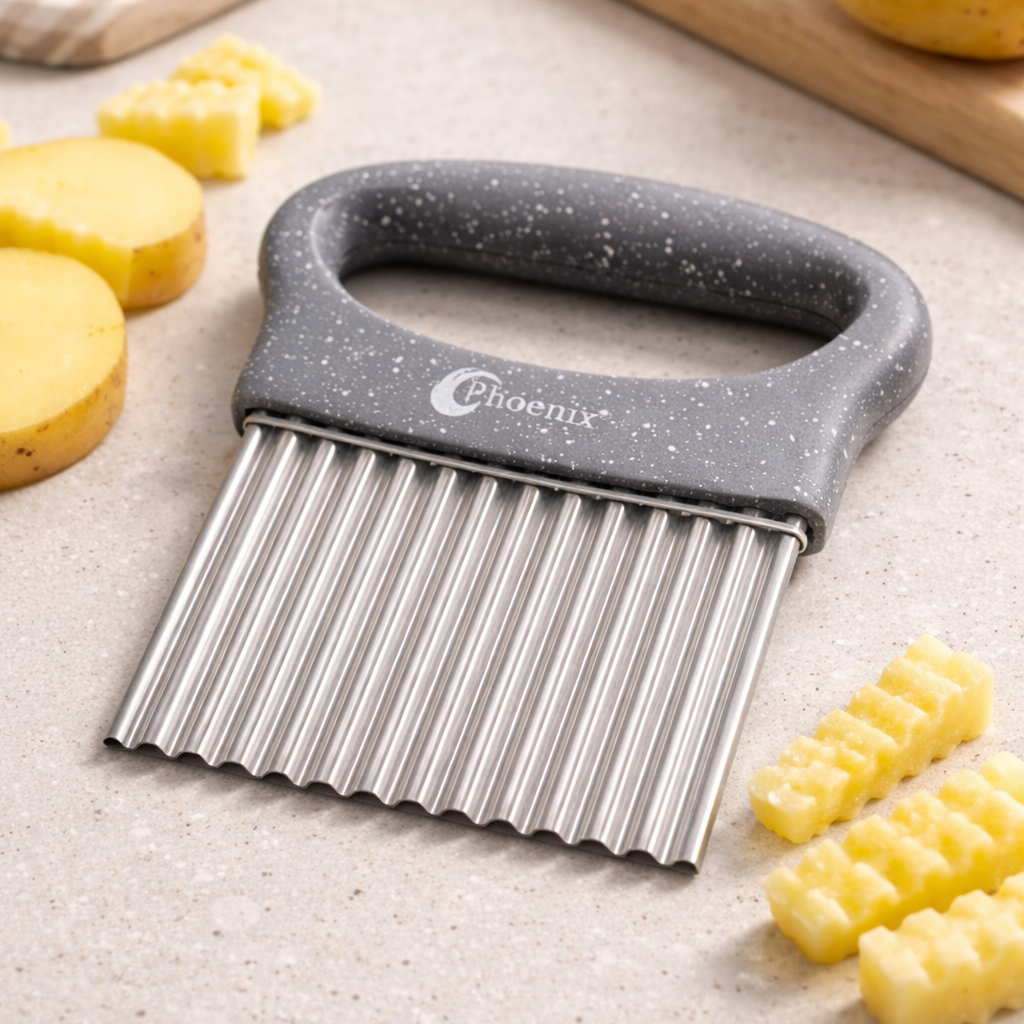 Gray potato peeler with a handle on a light surface with potatoes around
