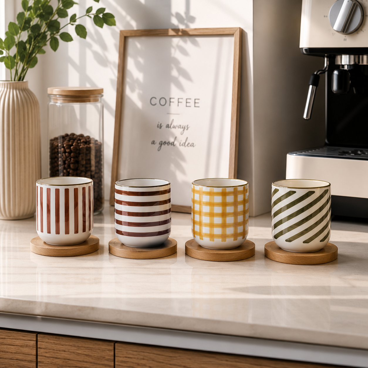 Coffee Cup with Bamboo Saucer – Modern Minimalist 4 Pcs Espresso Set - 100ml