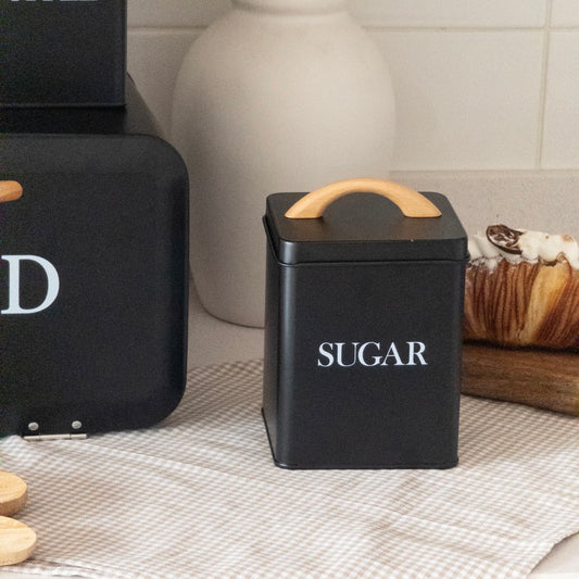 Front Opening Bread Box 3pcs Tea Coffee Sugar Tin Canister Wood Handle