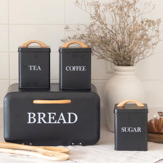 Front Opening Bread Box 3pcs Tea Coffee Sugar Tin Canister Wood Handle