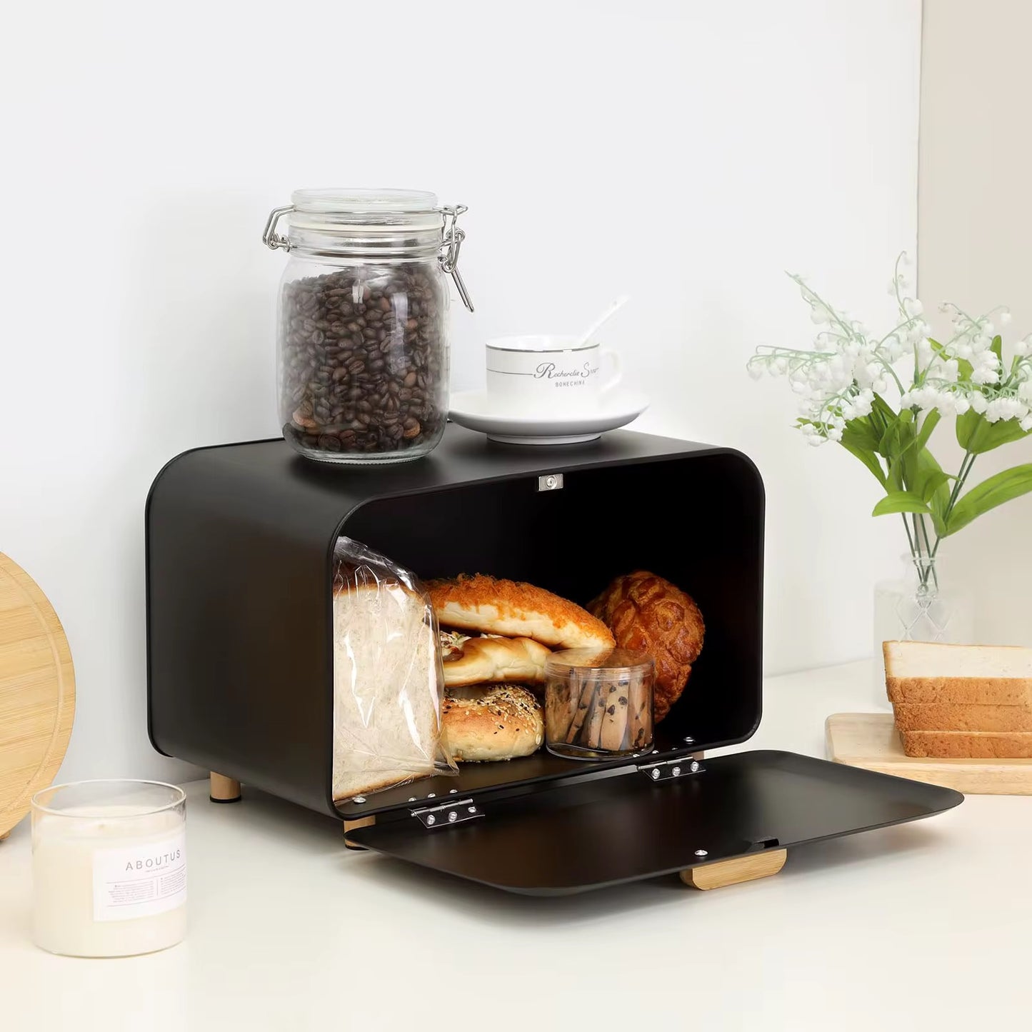 Front Opening Bread Box 3pcs Tea Coffee Sugar Tin Canister Wood Handle