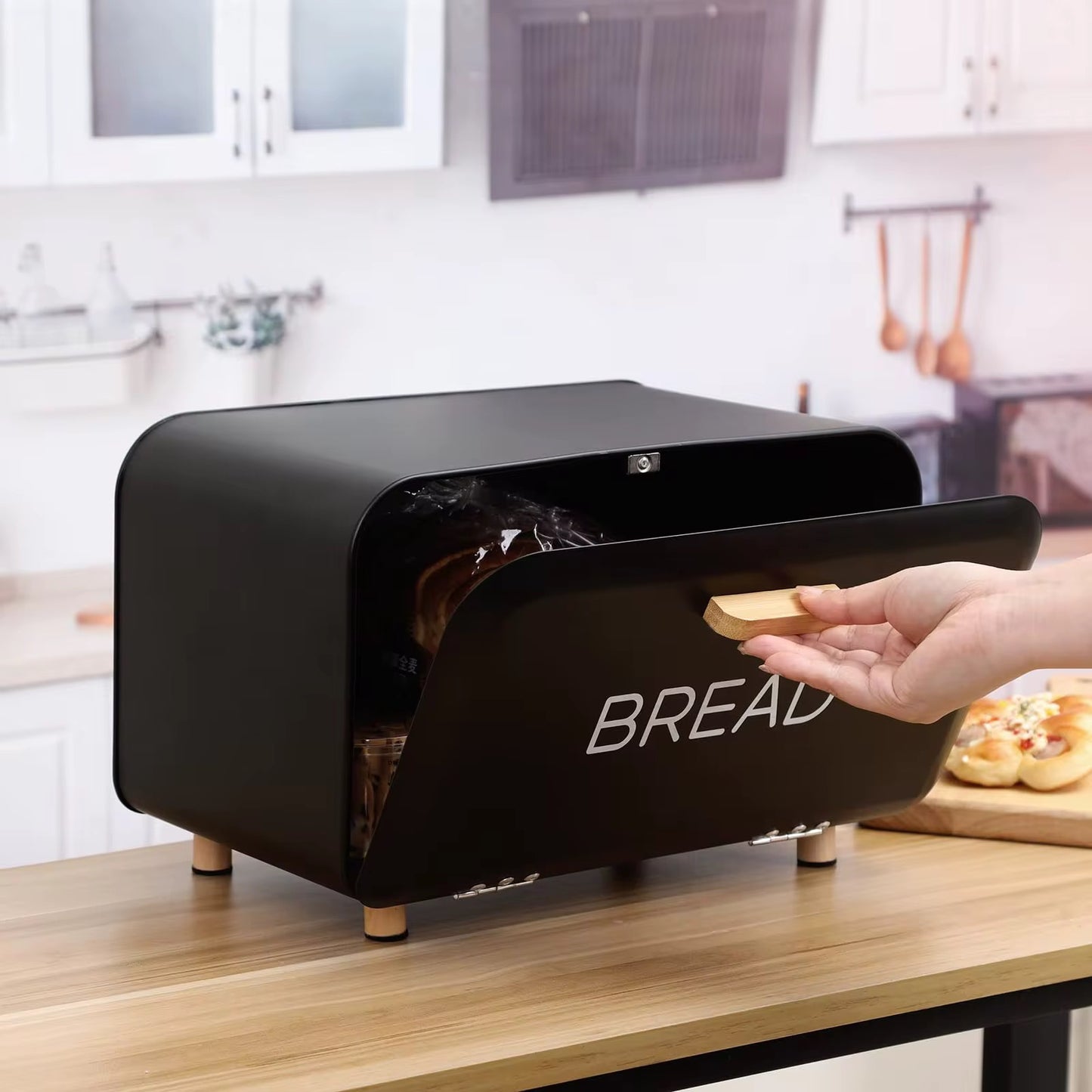 Front Opening Bread Box 3pcs Tea Coffee Sugar Tin Canister Wood Handle