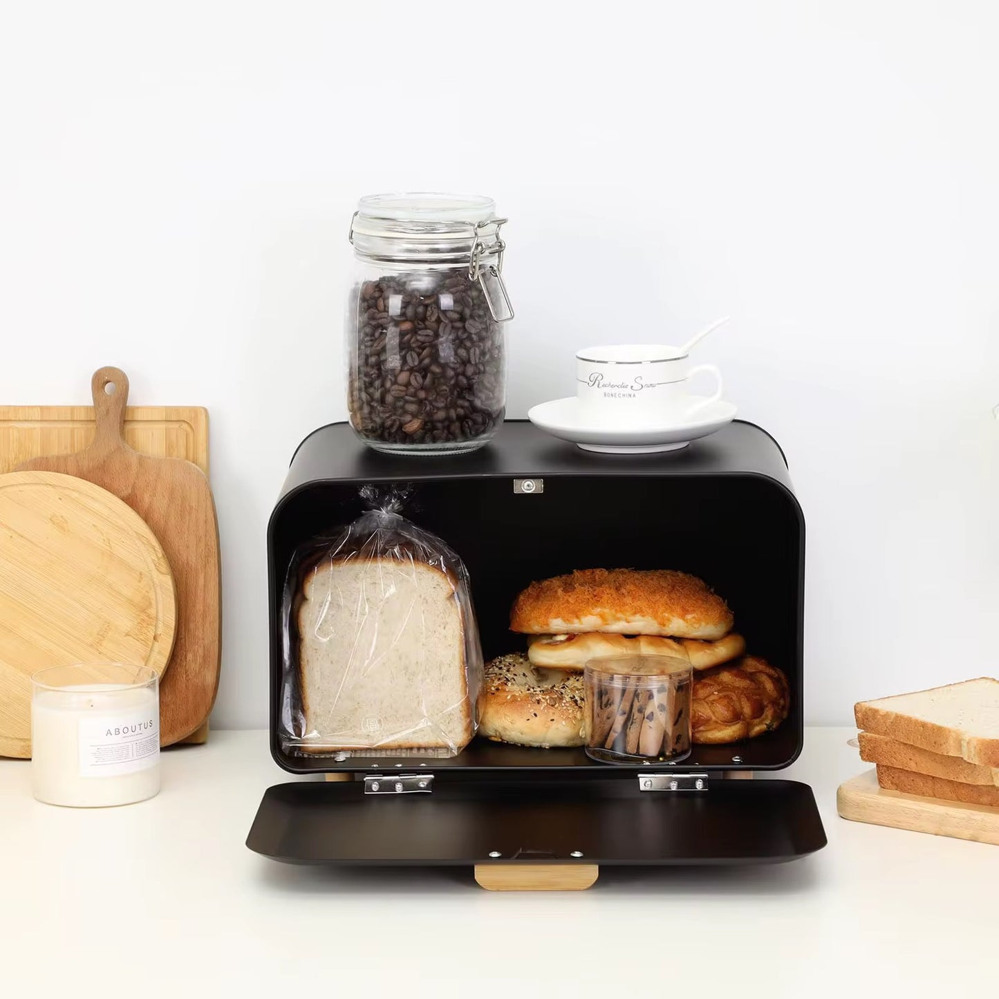 Front Opening Bread Box 3pcs Tea Coffee Sugar Tin Canister Wood Handle