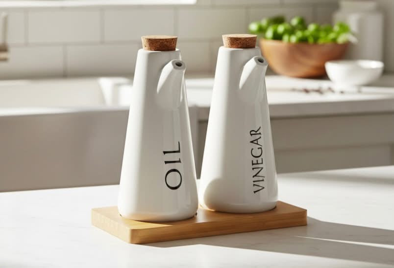 Oil & Vinegar Dispenser Set with Wooden Tray and Cork Lid