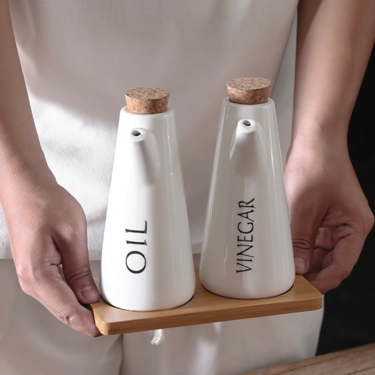 Oil & Vinegar Dispenser Set with Wooden Tray and Cork Lid