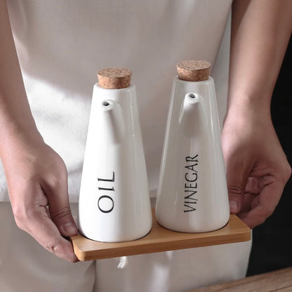 Oil & Vinegar Dispenser Set with Wooden Tray and Cork Lid