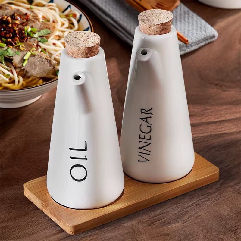 Oil & Vinegar Dispenser Set with Wooden Tray and Cork Lid