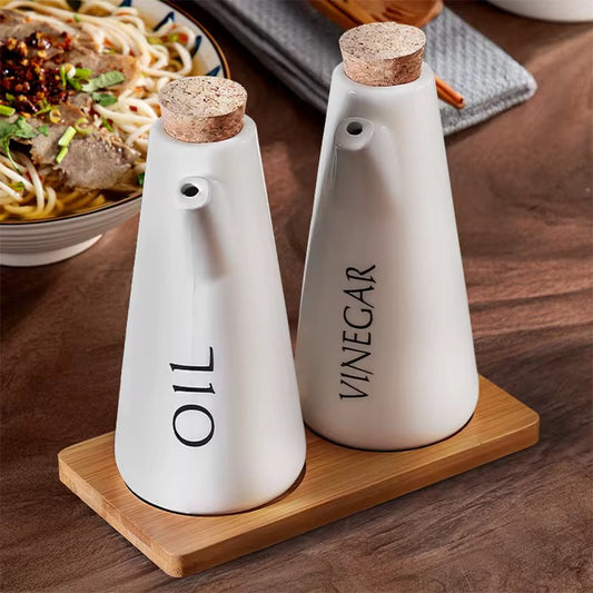 Oil & Vinegar Dispenser Set with Wooden Tray and Cork Lid