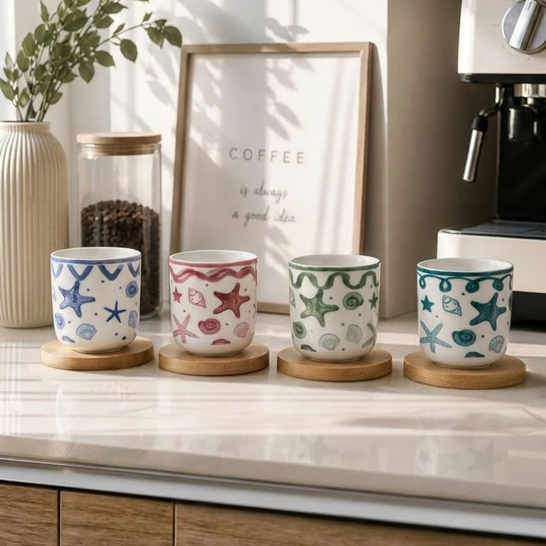 Coffee Cup with Bamboo Saucer – Modern Minimalist 4 Pcs Espresso Set - 100ml