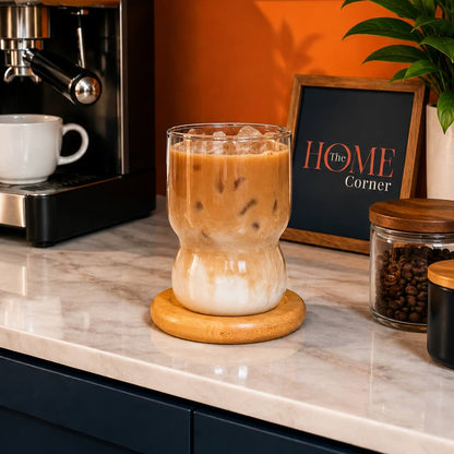 Glass Coffee Cup with Bamboo Coaster – Latte & Iced Coffee Glass