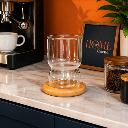 Glass Coffee Cup with Bamboo Coaster – Latte & Iced Coffee Glass