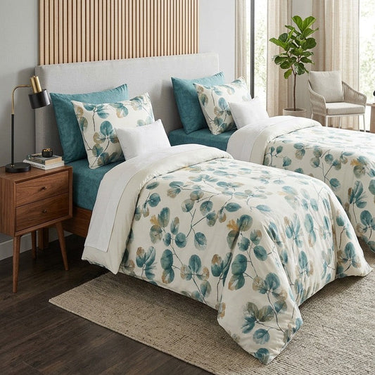 Modern bedroom with floral bedding and wooden headboard