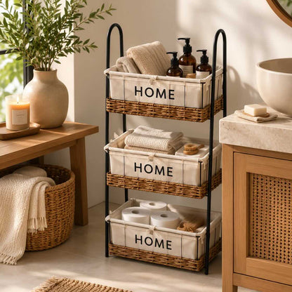 A three-tier bathroom storage cart with a black metal frame and woven wicker sides, holding beige fabric bins labeled HOME. The cart is styled in a bright bathroom next to a wooden vanity, with folded towels, soap dispensers, toilet paper rolls, and a vase of greenery.