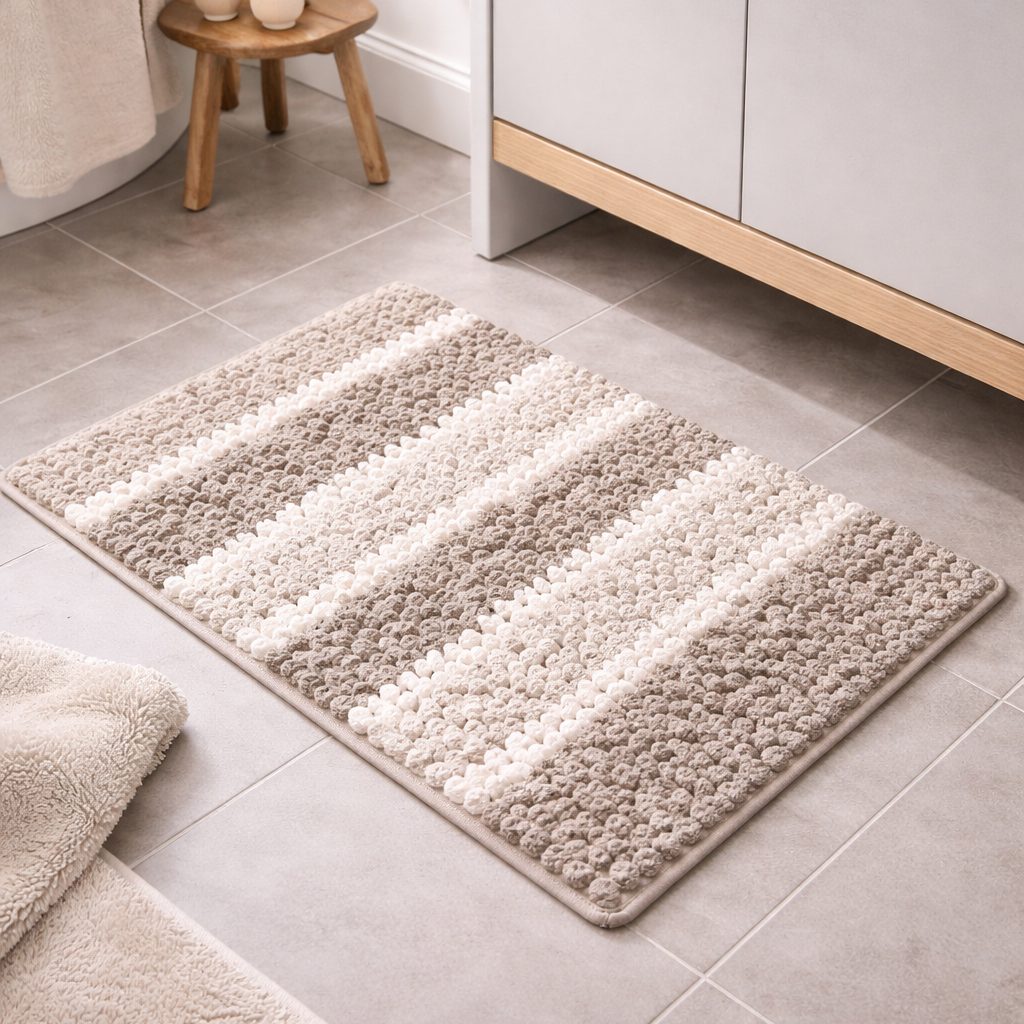 Bathroom with a striped rug on a tiled floor, a cabinet, and a small stool.