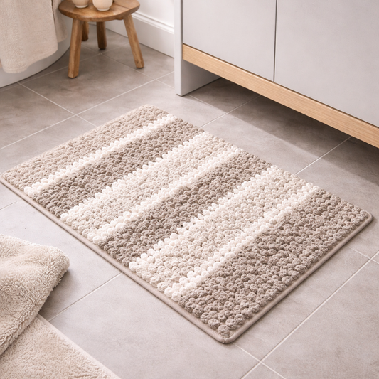 Bathroom with a striped rug on a tiled floor, a cabinet, and a small stool.