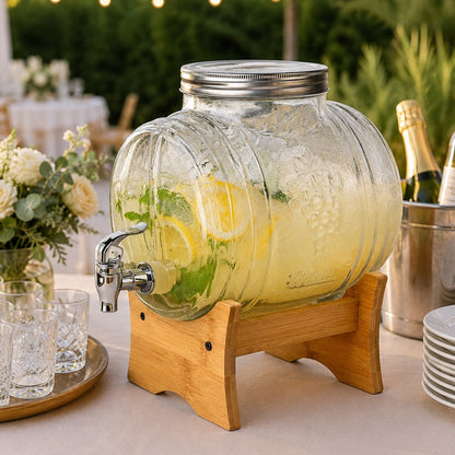 3L Glass Beverage Dispenser with Wooden Stand & Tap | Juice, Lemonade & Drink Server