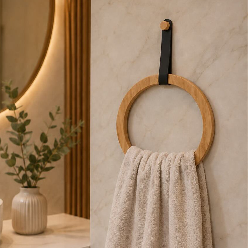 Bamboo & Leather Towel Ring Holder – Minimalist Wall Mounted Bathroom Towel Holder