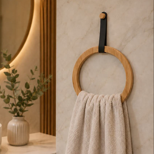 Bamboo & Leather Towel Ring Holder – Minimalist Wall Mounted Bathroom Towel Holder