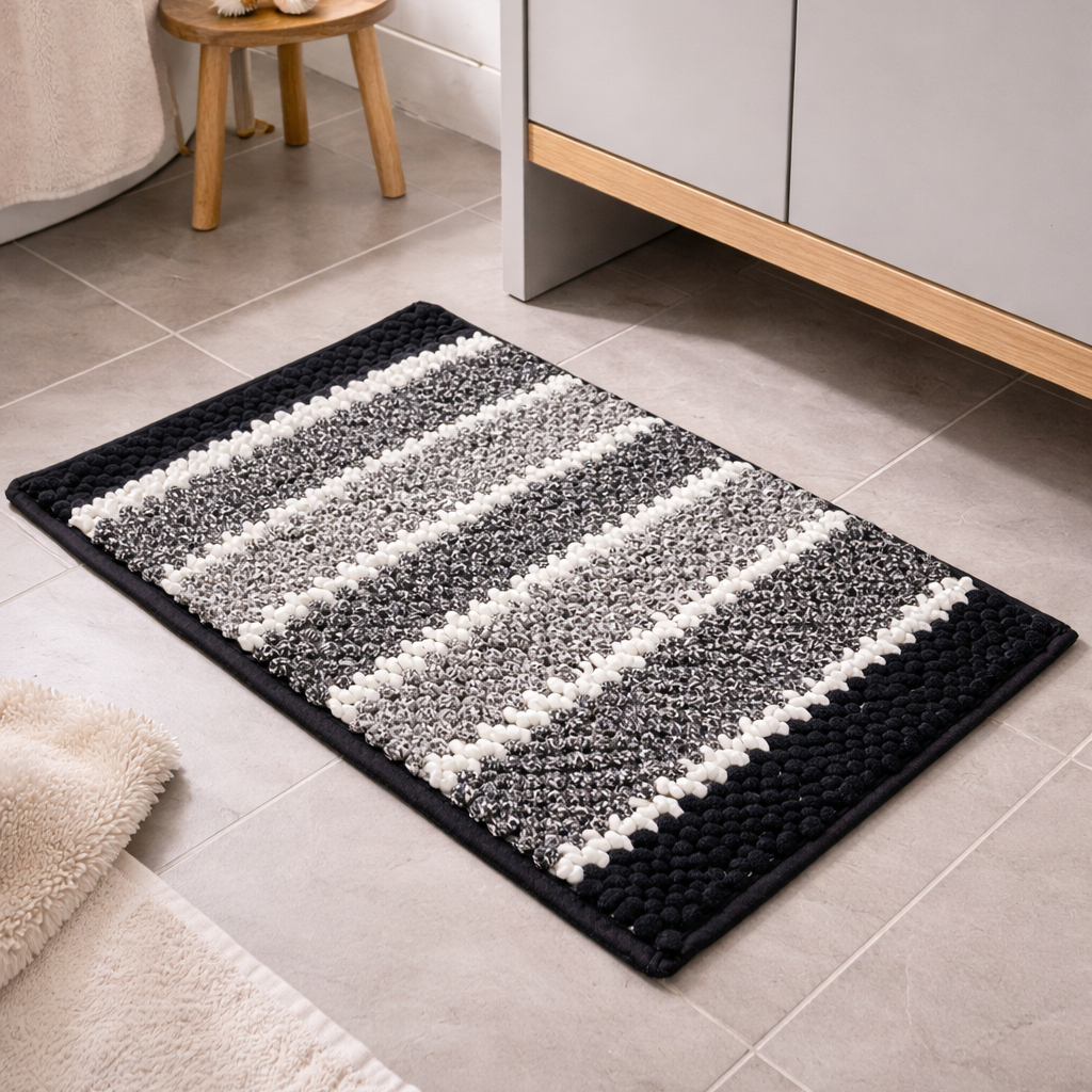Black and white striped bath mat on a bathroom floor with a cabinet and stool in the background.