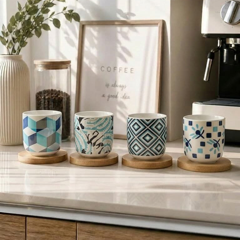 Coffee Cup with Bamboo Saucer – Modern Minimalist 4 Pcs Espresso Set - 100ml