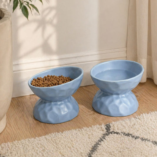 Two blue pet bowls on a wooden floor with a plant in the corner.